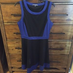 Blue and black color block fit and flare dress